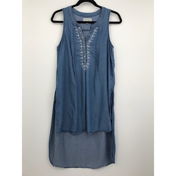 Knox Rose Sleeveless Hi Low Blue Chambray Embroidered Top Small - Picture 1 of 7